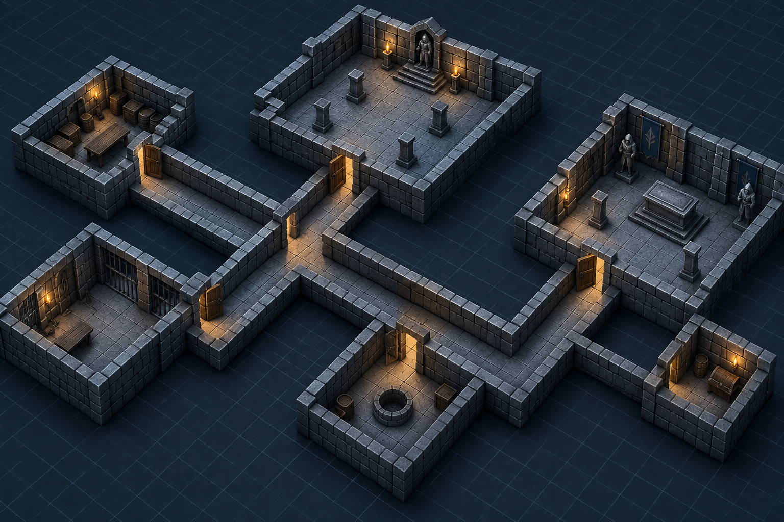 Illustrative mockup: Connected scenes. Concept illustration, not actual Masterful Dungeons tiles.