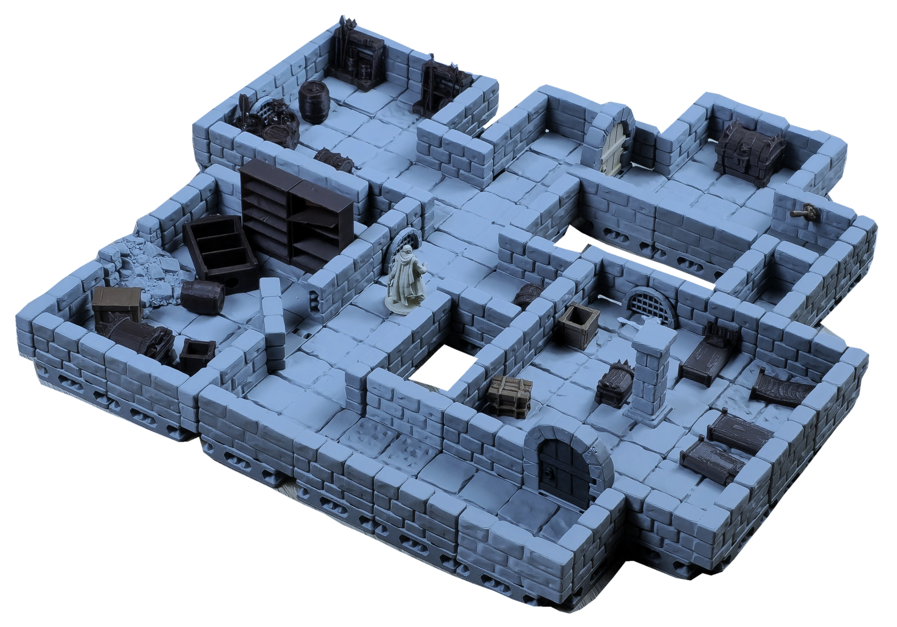 An assembled Masterful Dungeons stone dungeon with furnished rooms and opening doors